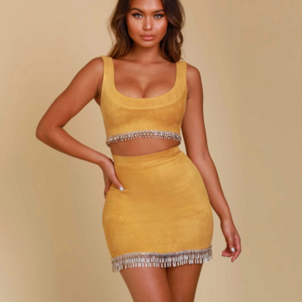 Oh Polly Two Piece Set - Ring My Bell Suede Embellished Crop Top and Mini Skirt